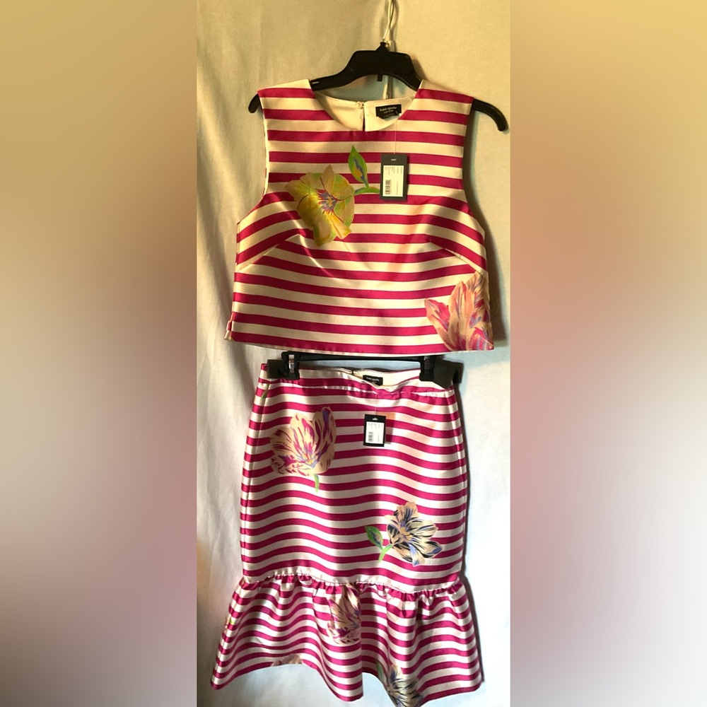 Kate Spade Striped Floral Crop Jacquard Top & Midi Skirt-Rosa Plum  M NWT